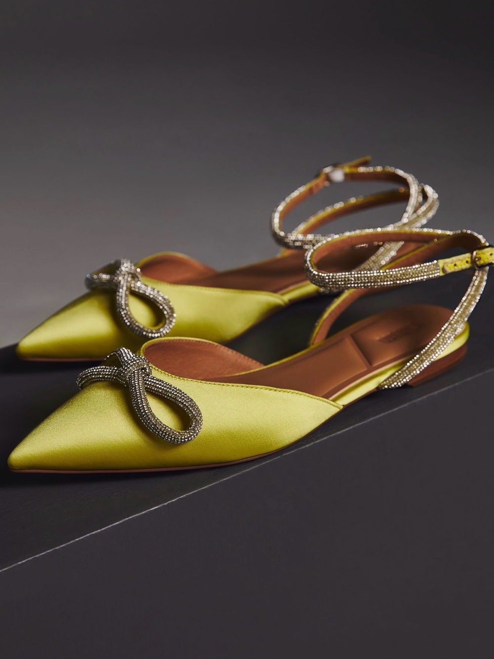 Bibiloe pointed Satin Ankle-Strap Flats with Crystal Bow in Chartreuse